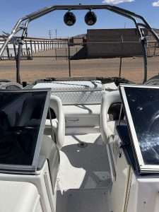 The Ebbtide 210 boat docked at Lake Powell, ready for a day of water adventures.
