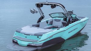 MasterCraft NXT22 boat cruising on a lake, available through Wake Bros Rentals.