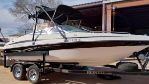 a Reinell boat rented from Wake Bros Rentals.